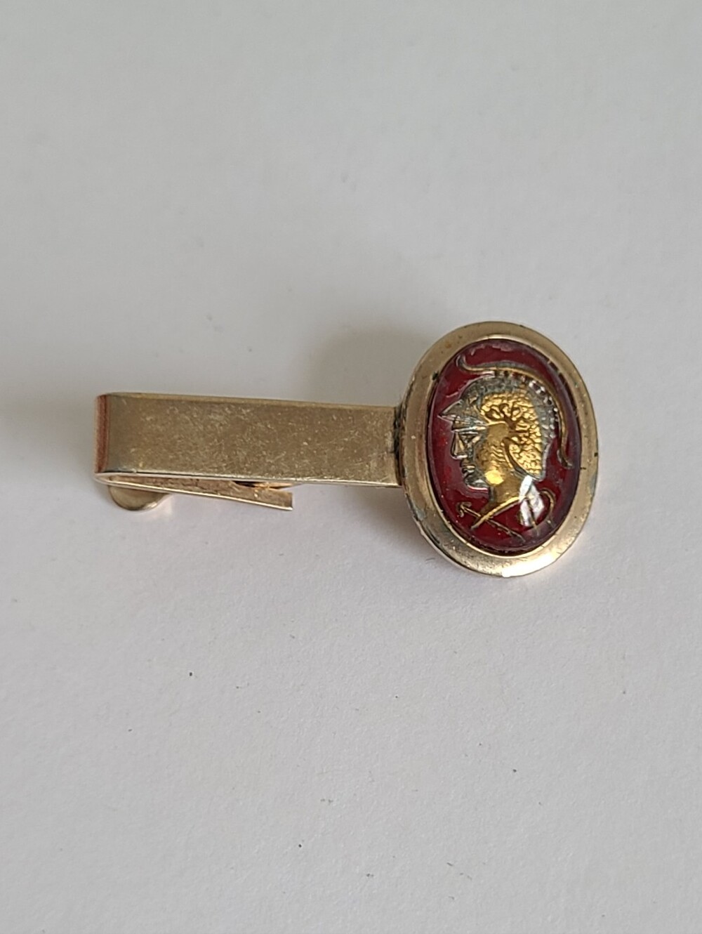 Vintage Cavalier Gold Roman Greek Soldier Trojan Head Plastic Gem Men's Tie Clip